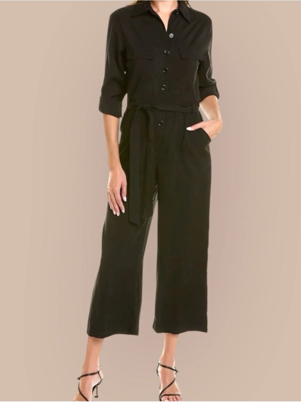 Max Studio Black Button-Front Tie-Waist Cropped Wide-Leg Jumpsuit (SKU824)